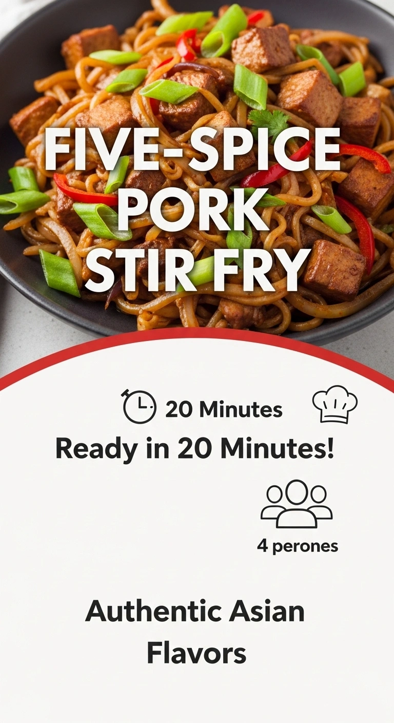 Pinterest recipe pin for five-spice pork stir fry featuring finished dish photo with overlay text showing 20-minute cook time and authentic Asian flavors