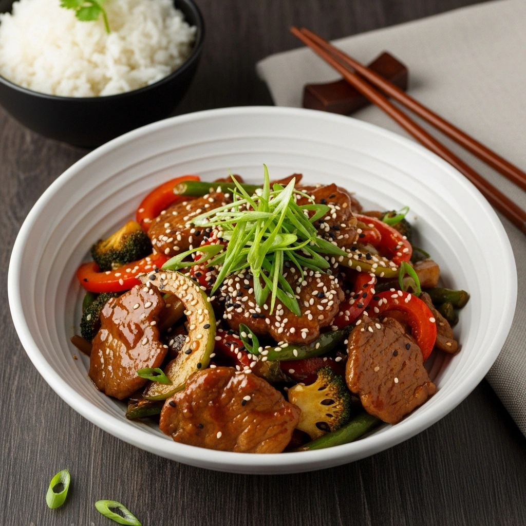 Healthy five-spice pork stir fry recipe with tender pork, crisp vegetables, and glossy brown sauce served in ceramic bowl with jasmine rice, perfect for quick weeknight dinner