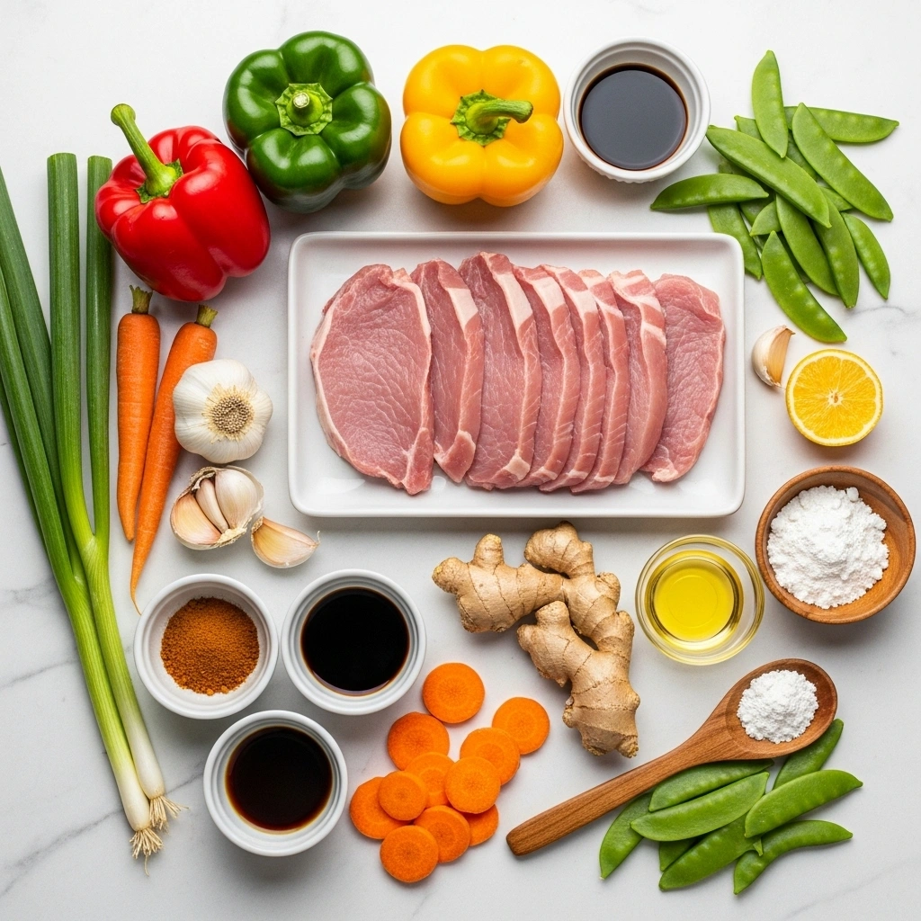 Fresh ingredients for five-spice pork stir fry including sliced pork tenderloin, colorful bell peppers, snow peas, carrots, garlic, ginger, and Asian seasonings arranged on white marble surface
