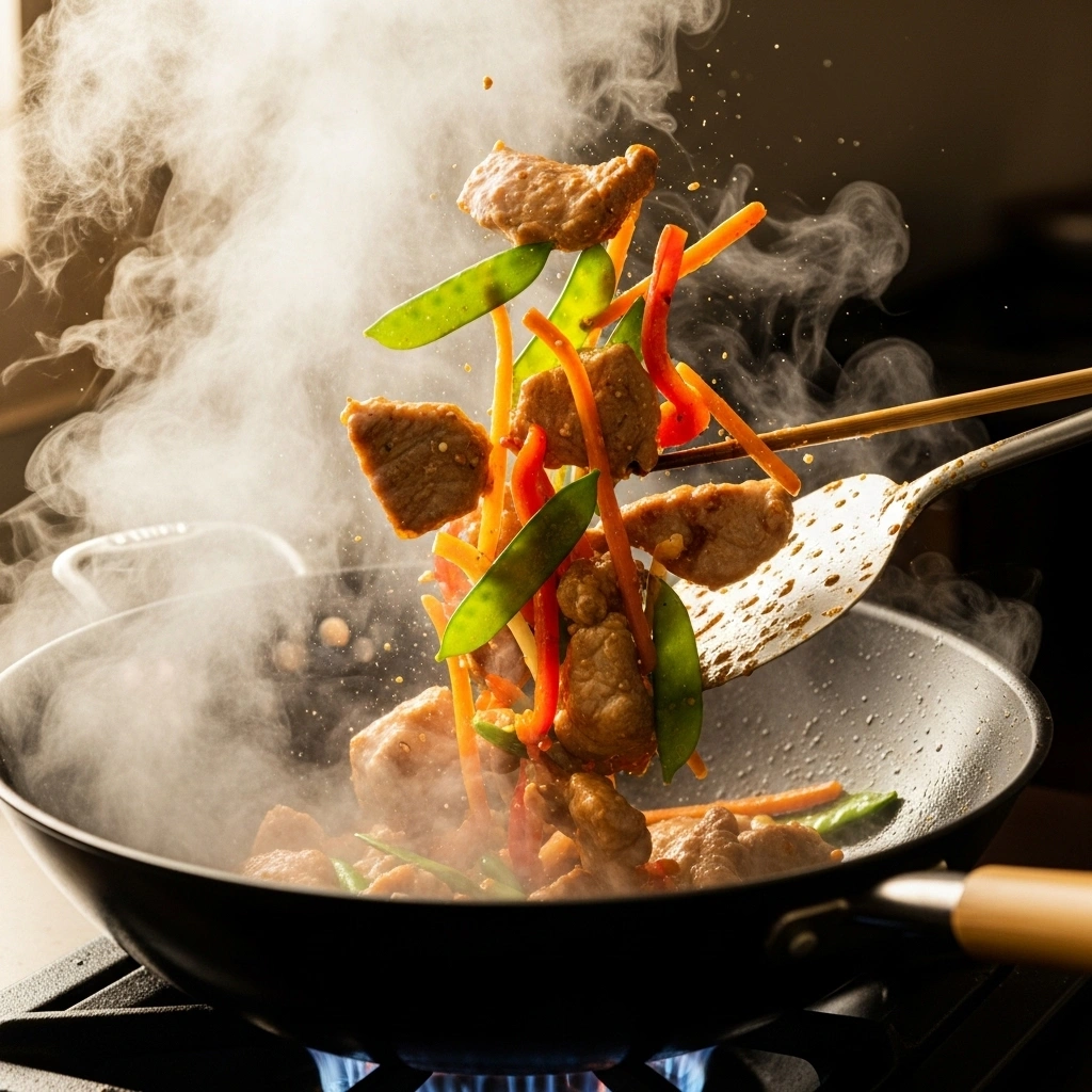 Five-spice pork stir fry cooking in black wok with steam rising, showing pork and vegetables being tossed with wooden spatula over high heat